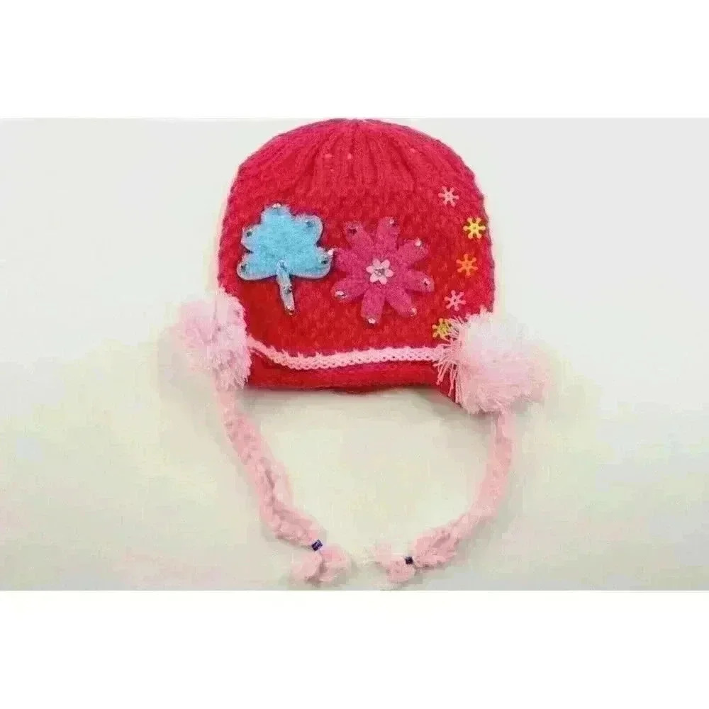 HAND knitted girl hat with knitted applique with beads for 3-6 year old. NEW.